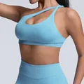 Light blue seamless asymmetrical one shoulder sports bra with cutout design for yoga - Light Blue
