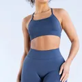 Detail of seamless matte nylon yoga bra with criss-cross back design - Blue Gray