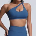 Blue seamless one-shoulder sports bra with front cut-out detail for high-impact yoga workout - Blue Gray