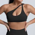 Seamless black matte nylon sports bra with asymmetrical one-shoulder cutout design - Black