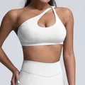 White seamless one-shoulder matte nylon sports bra with high elasticity and quick-dry fabric. - White