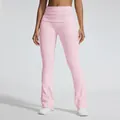 Light pink high-waisted seamless ribbed flare yoga pants with fold-over waistband - S / Bottoms / Sand Wash Pink