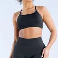 Close-up view of seamless matte nylon sports bra with cross back design for fitness workout - Shark Grey
