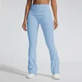 Premium light blue seamless yoga flared pants with high-waist fold-over waistband - S / Bottoms / Sand Wash Blue