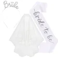 White bridal party set with rhinestone bride tiara, veil, and satin sash. - One Size / Bride Accessory Three-Piece Set