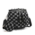 Black and white checkerboard shell crossbody bag with fringed edges and coin purse - Denim Black