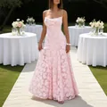 Elegant light pink floral burnout lace maxi dress with spaghetti straps for wedding guest - S / Bottoms / Pink