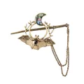 Detailed view of a gothic alloy hair stick featuring a bat and iridescent crescent moon - Antique Gold