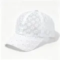Close-up showing the intricate lace floral embroidery and rhinestone details of the cap - Adult Size (58cm Adjustable) / White