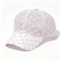 Detailed view of pink lace baseball cap with floral embroidery and sparkling rhinestones - Adult Size (58cm Adjustable) / Pink