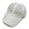 Detailed view of elegant white lace floral baseball cap with sparkling rhinestone accents. - Adult Size (58cm Adjustable) / Off White