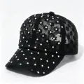 Close-up of black floral lace baseball cap with iridescent rhinestone accents - Adult Size (58cm Adjustable) / Black