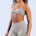 Grey high-stretch matte nylon seamless yoga halter sports bra with ruched detail - XS / Tops / Feather Rice