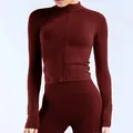 Chaqueta de yoga sin costuras burdeos de manga larga con cremallera para fitness mujer - XS / Tops / Burdeos