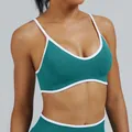Teal ribbed sports bra with white piping detail, shockproof yoga crop top for fitness - XS / Tops / Turquoise Green