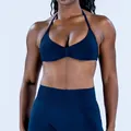 Donkerblauwe naadloze halter sportbeha en high-waist leggings fitness yoga set - XS / Boven- En Onderstuk / Inktblauw
