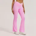 Pink high-waisted crossover yoga pants with micro-flare leg design - S / Bottoms / Sakura Pink