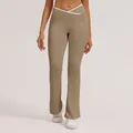 High waist crossover flare yoga pants in khaki tan color with white trim details - S / Bottoms / Cocoa Brown