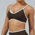 Professional brown color-block sports bra with white piping for yoga and gym workouts - XS / Tops / Coffee