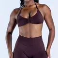Dark brown seamless halter neck sports bra and high-waisted yoga leggings set for women - Espresso