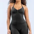 Conjunto de yoga negro para mujer con top halter y leggings de cintura alta para deporte - XS / Top Y Pantalón / Conjunto de Pantalones Cortos / Gris Tiburón