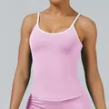 Camiseta de yoga ajustada rosa para mujer con ribete blanco en contraste para fitness. - XS / Tops / Rosa Orquídea