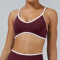 Burgundy high-impact sports bra with white contrast trim and thin straps for yoga - XS / Tops / Chestnut