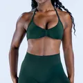 Naadloze donkergroene yogaset met halter sportbeha en sportlegging met hoge taille voor fitness - XS / Boven- En Onderstuk / Pijnboomgroen