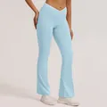 Light blue crossover high waisted flared yoga pants for women fitness workout - Water Blue