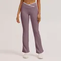 Women's high-waist crossover flare yoga pants in dusty purple color with white waist trim - Taro Purple