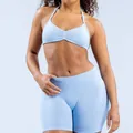 Seamless light blue halter yoga sports bra and matching high-waist shorts workout set. - Ice Blue
