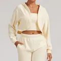 Ensemble de détente 3 pièces crème pour femme avec sweat à capuche, haut et pantalon - XS / Hauts / Beige