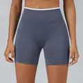 High-waisted seamless yoga shorts in slate blue with white waistband detail - Ice Grey