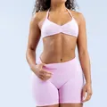 Pink high elastic seamless nylon yoga halter bra and high-waist sports shorts set - Pink