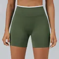 Seamless olive green high-waist yoga shorts with a white contrast waistband trim - Army Green