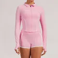 Ensemble de yoga rose deux pièces avec liseré contrasté, veste zippée et short inclus - XL / Haut et Bas / Rose Sakura