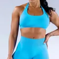 Conjunto de yoga azul claro sin costuras de nailon mate con sujetador halter - XS / Top Y Pantalón / Sujetador Halter + Pantalones Largos / Azul glaciar