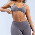 Grey matte seamless halter sports bra and high-waist leggings yoga set for women - Mushroom Grey