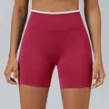 High-waisted seamless gym yoga shorts in berry red with a white contrast waistband - Raspberry