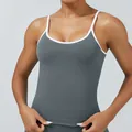 Graues, eng anliegendes Yoga-Top mit weißer Kontrastpaspel für Damen-Fitnessbekleidung - XS / Oberteile / Graphitgrau
