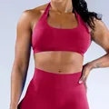 Conjunto de yoga sin costuras con sujetador deportivo halter y mallas altas magenta - XS / Top Y Pantalón / Sujetador Halter + Pantalones Largos / Rojo Baya