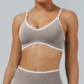 High-quality khaki and white contrast strap sports bra for yoga and fitness training - XS / Tops / Rock