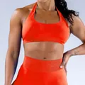 Conjunto de yoga naranja sin costuras con sujetador deportivo halter y talle alto - XS / Top Y Pantalón / Sujetador Halter + Pantalones Largos / Rojo Chile