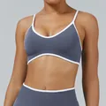 Gray contrast strap sports bra with white trim for fitness and yoga - XS / Tops / Ice Grey