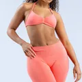 High elastic seamless yoga halter sports bra and high waist leggings set in coral peach - Coral Pink