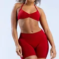 Red seamless halter sports bra and high-waisted yoga shorts set for women's fitness - Burgundy