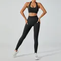 Black seamless yoga set with halter sports bra and high-waisted leggings for gym - L / Top And Bottom / Halter Bra + Long Pants / Black