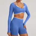 Blue seamless fake two-piece long sleeve yoga top with contrasting white hem trim - XS / Top And Bottom / Provence Blue