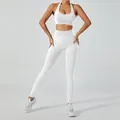 White two-piece seamless yoga set with halter sports bra and high-waist leggings. - S / Top And Bottom / Halter Bra + Long Pants / White