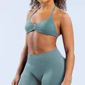 Professional seamless halter neck yoga sports bra and high-waisted leggings set in dusty green - Light Green